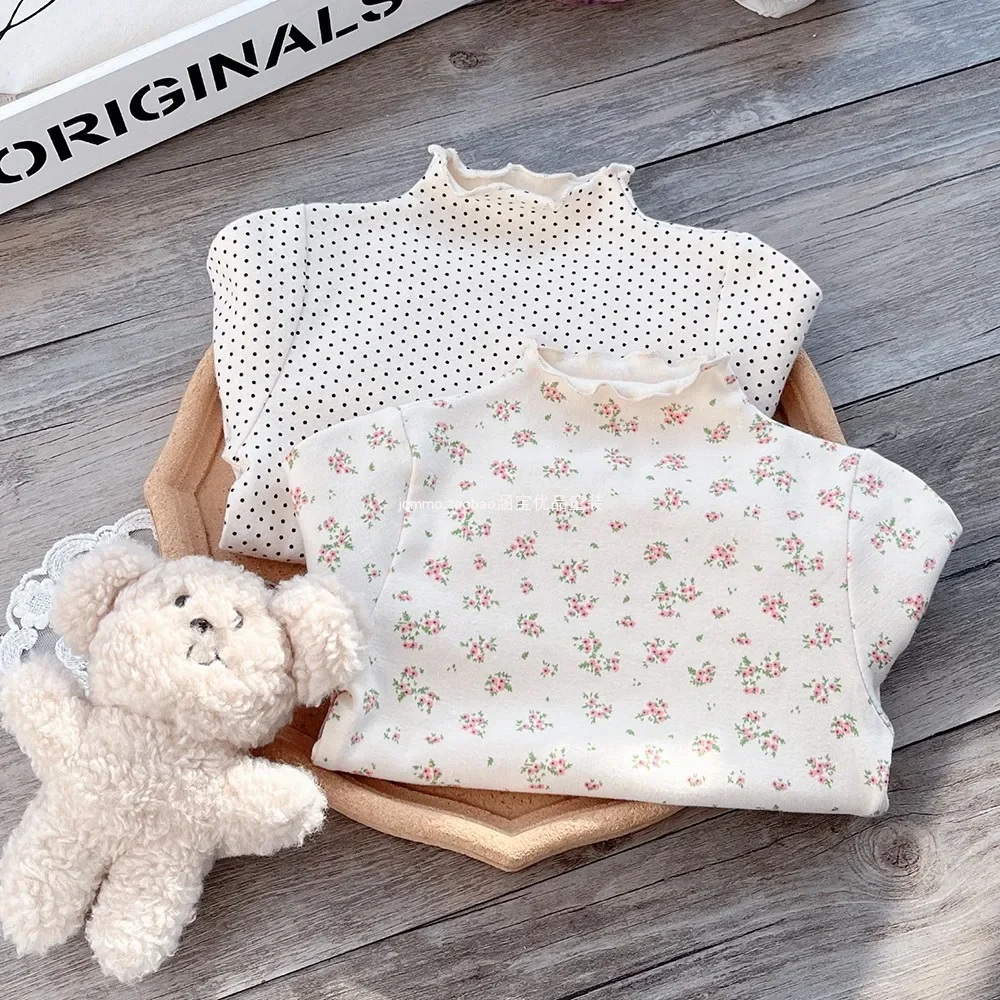 

2025 New Spring Sweet and Beautiful Children's Outerwear Baby's Pure Cotton Semi High Neck Outerwear Baby's Inner Lace Top