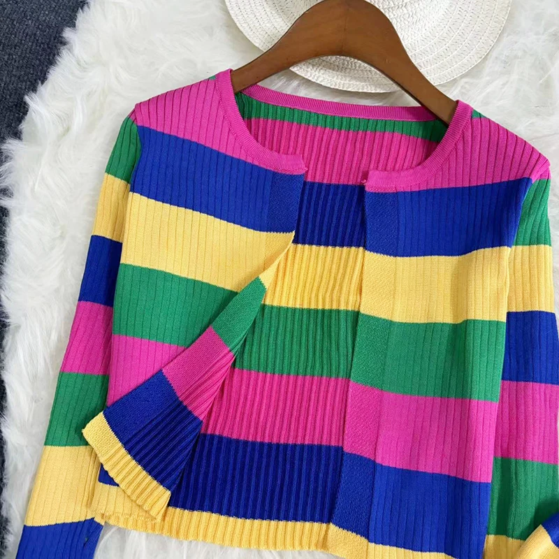 Rainbow Knitted Cardigan Women Summer Thin Sunscreen Lace-Up Knitwear Tops Female Korean Style Long Sleeve Short Coat