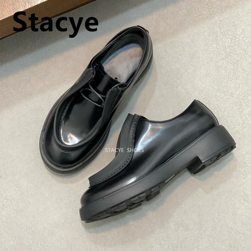 

2024New Brand Designed Natural Leather Black Platform Lace-up Women's Loafers 2024 New Quality Fashion Office Men's Casual Shoes