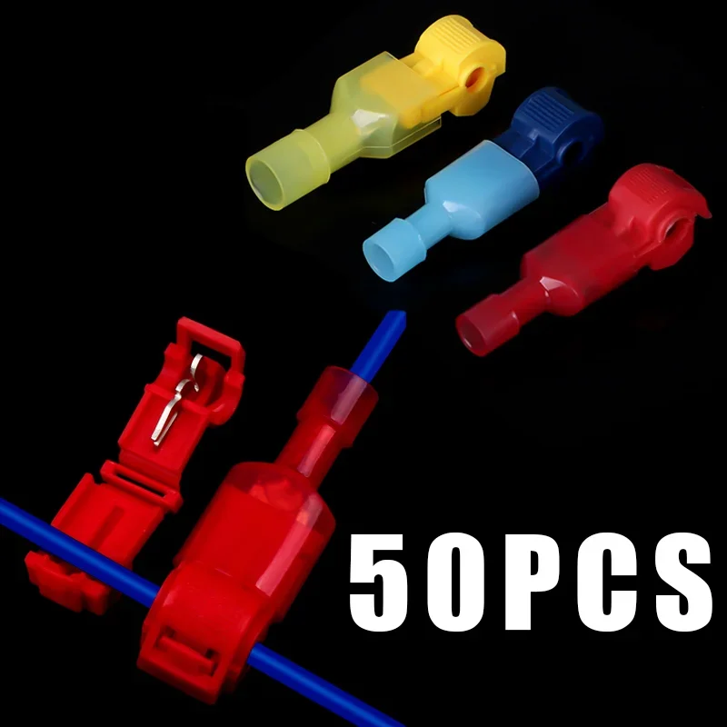 50 PCS,T-Shaped Crimp Terminal Blocks,Electrical Connector Connection Clamps,Quick-Free Stripping Plugs,Cable Connector Plug