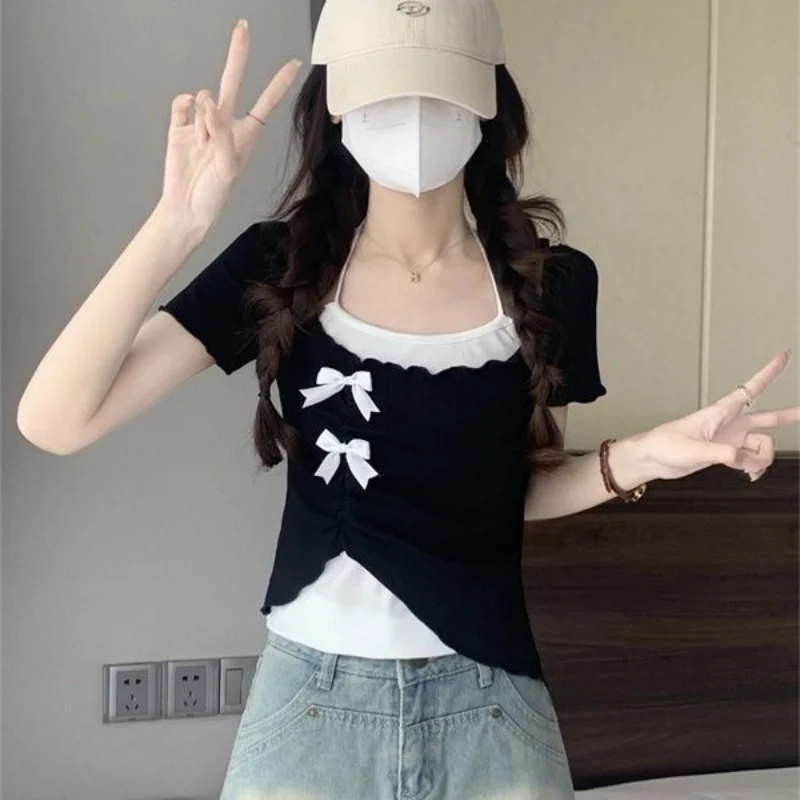 여름 신작 여성 투피스 캐미솔 세트 한국 패션 트렌드 반팔 크롭 탑 티셔츠 Y2k 스트리트웨어 티셔츠