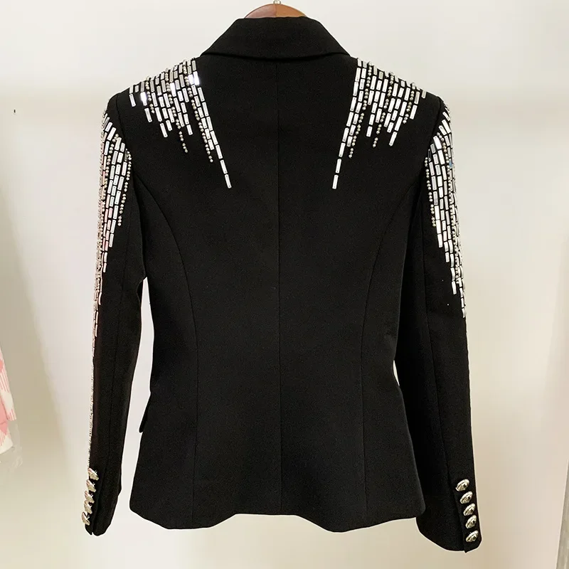 Abrigo individual negro para mujer, chaqueta de doble botonadura, hoja de Metal, cuentas de industria pesada, traje delgado de lentejuelas, otoño e invierno, nuevo