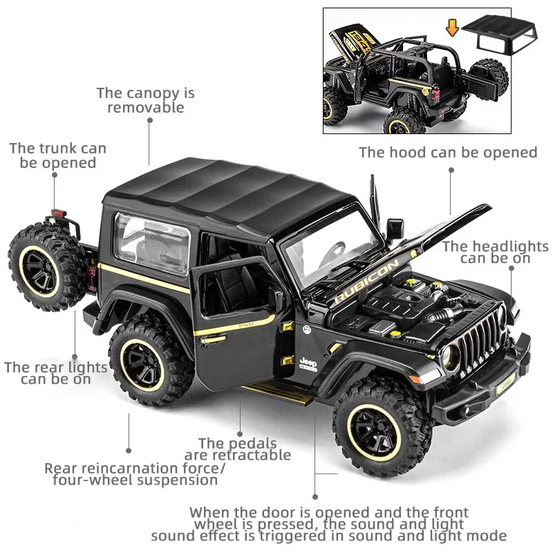 Off-Road 7-drzwiowy model samochodu zabawkowego Wrangler odlewanego ciśnieniowo, w skali 1/32 Pojazd ze stopu metalu dla dzieci Chłopcy Dziewczynki Dorośli, otwarte drzwi, światło