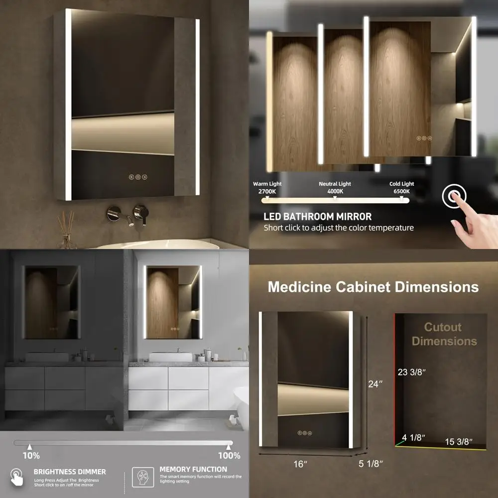 

Illuminated Medicine Cabinet with Mirror, 16 x 24 Inch, Surface or Recessed Mount, Bathroom Storage with Defogger and Memo Board