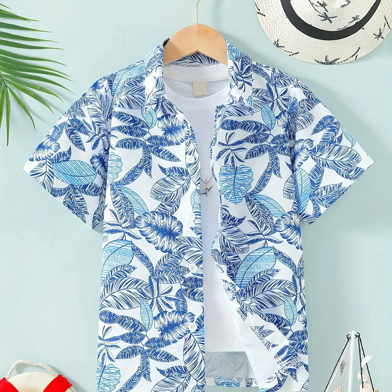 New in Boy\'s Trendy Hawaii Tee Breathable Durable Kids Shirts Casual Short Sleeve Tropical Pattern Front Button Summer Beach Top