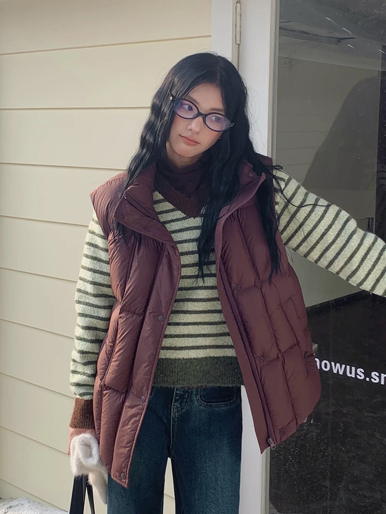 

Boran Thickened White Duck down Jacket Women's Casual Warm Vest Fashionable Commute Style Nylon Fabric Zipper Closure Pure Color