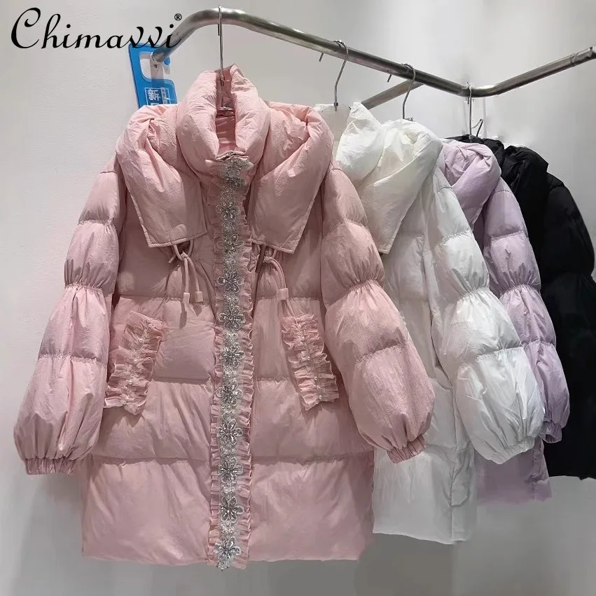 French Elegant Fashion Heavy Industry Rhinestone Beads Flower Stand Collar Hooded Loose Thick Warm Long Down Jacket Women Winter