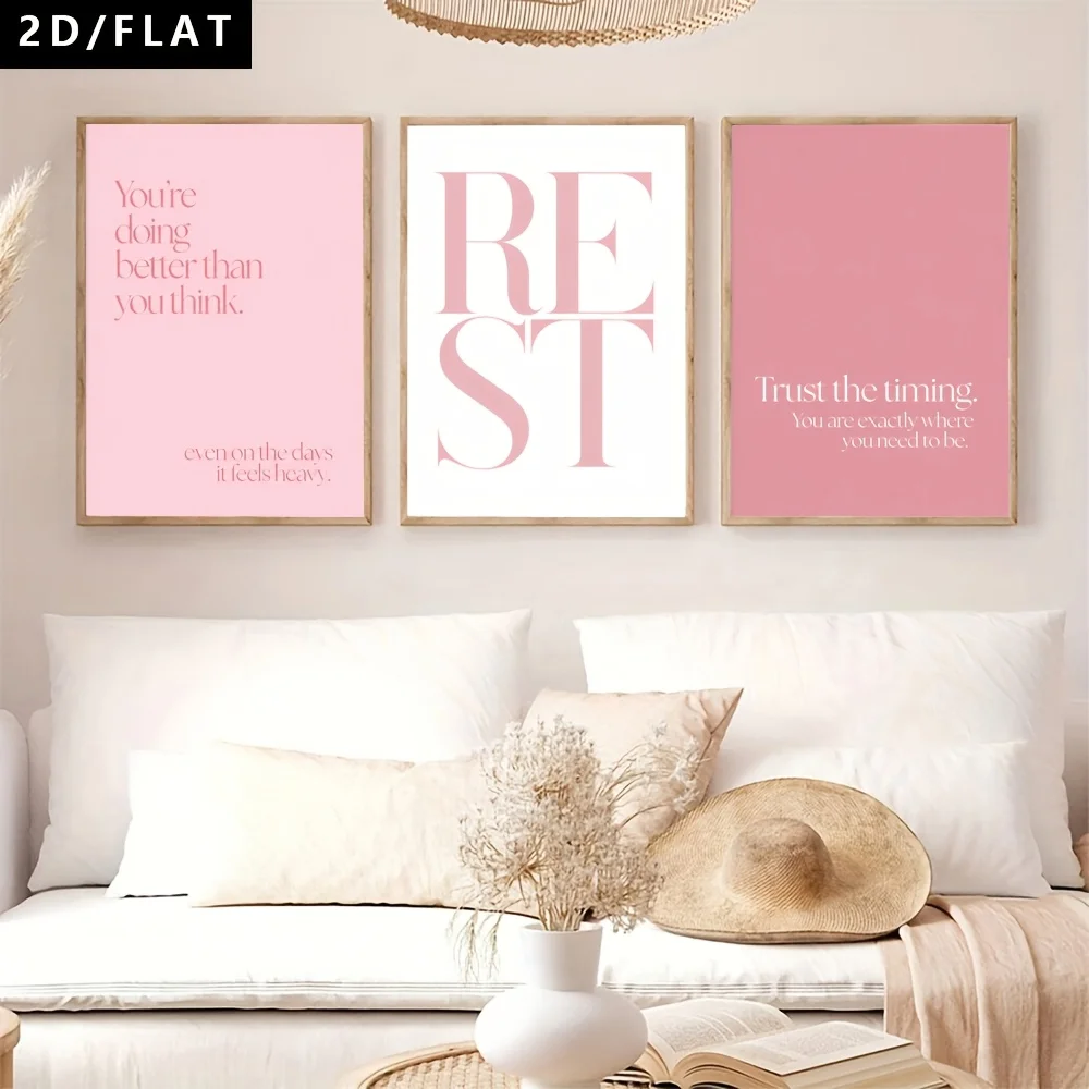 （NO Frame 3PCS）-2D Flat, 2D/FLAT 3pcs Modern Pink Minimalist Art Style Oil Canvas Wall Art Decorations, Inspirational Quotes