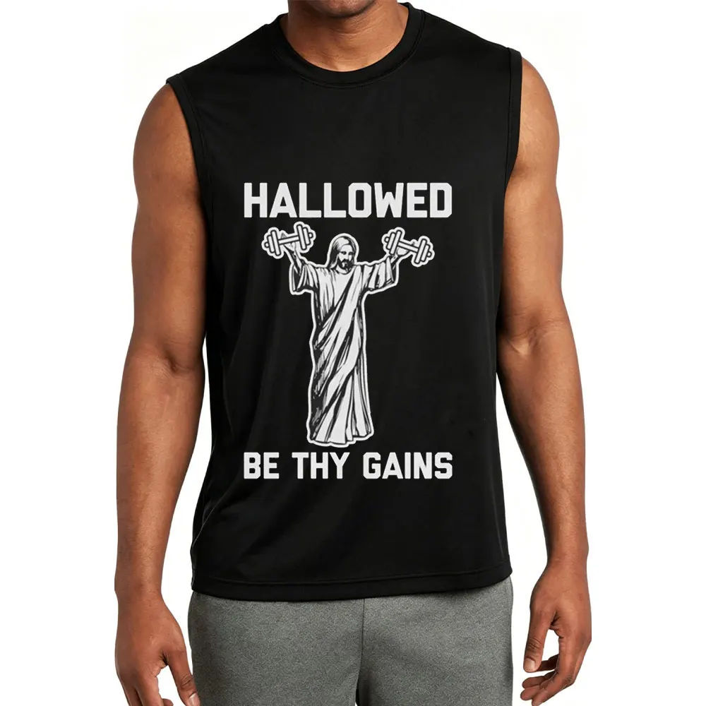 Hallowed Be Thy Gains Jesus Gym Tank Top Funny Christian Fitness Graphic Sleeveless Tee Men Summer Casual Workout Top