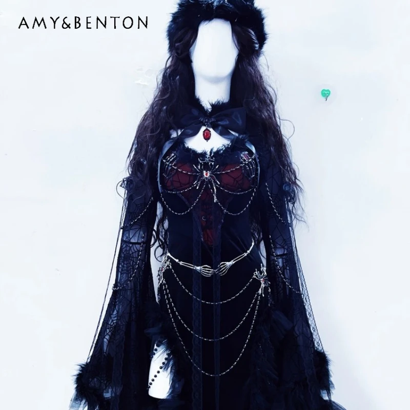 

Original Design Dark Style Court Women's Dress Punk Heavy Industry High Waist Gothic Spider Decoration Halloween Dresses Ladies