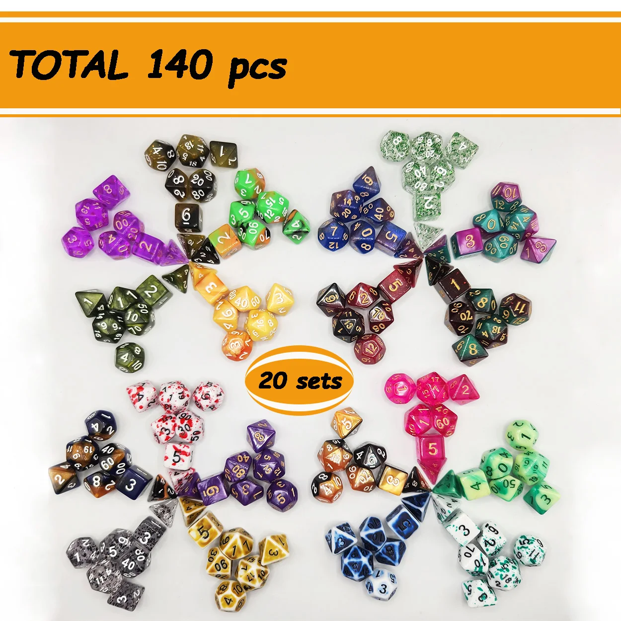 High Quality DND RPG Dice Sets 20 X 7 Polyhedral Dice (140pcs) for Dungeons and Dragons Tabletop Role Playing Adventure Games