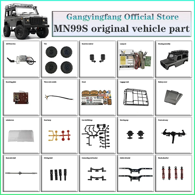 

Запчасти для радиоуправляемой машины MN 99s D90: шины, мотор, амортизаторы, пульт ДУ, плата приемника, наклейки, световые элементы, трансмиссионный вал, корпус.