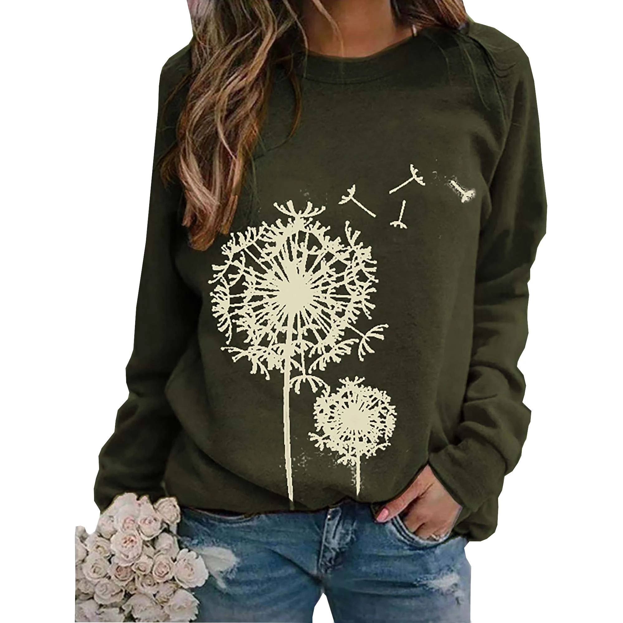 European and American autumn and winter new women\'s dandelion printed round neck long sleeved loose casual sweater