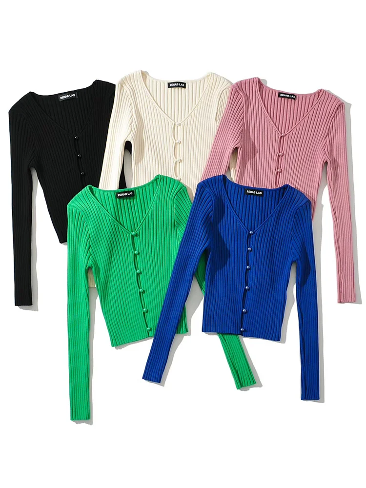 CHIC Women V-Neck Button-through Hollow Out Front Crop Cardigan Retro Knitted Sweater Long sleeve Slim Jumper Blue Green