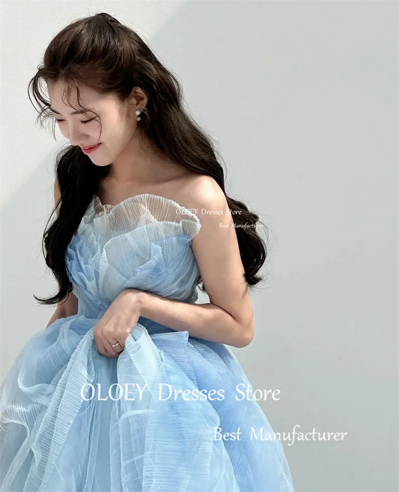 OLOEY-Strapless Baby Blue Tulle Dress, Vestidos de Noite, Prom Gowns, Sweep Train, Strapless, Fit for Photshoot, Ocasião Formal, Festa