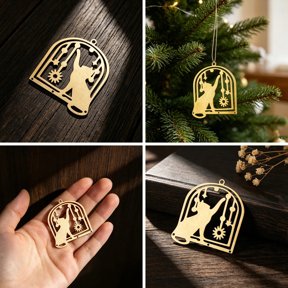 Vintage Brass Hollow Cutout Cat Charm Pendant with Multi Hole for DIY Handmade Jewelry Necklace Bracelet Christmas Ornament Gift