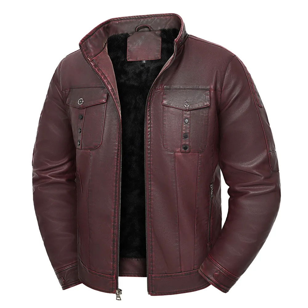 

Man Leather Coat Winter American Retro Washed Stand Collar Male Plush Jacket Long Sleeve Pocket Zipper Waterproof Men Outerwear