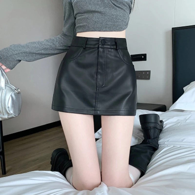 

Pu Sexy Skirt Women American Vintage High Waist Slim Black A Line Hot Girls Mini Skirts Female Fall All Match Casual Hip Skirt