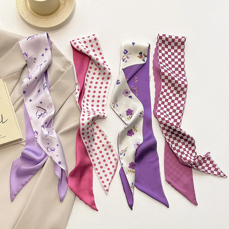 

New Luxury Narrow Woman's Silk Scarf Skinny Scarves Bag Handle Ribbon Kerchief Hairband Hair Strip Ribbon Small Lady Tie