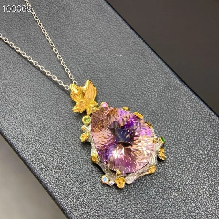 Natural Ametrine Pendant 17x22mm Pear Cut S925 Silver Two-Tone Handmade Butterfly & Floral Design