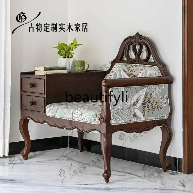 2003Retro printed sofa chair Solid wood porch cabinet Integrated sofa stool/multi-functional chair