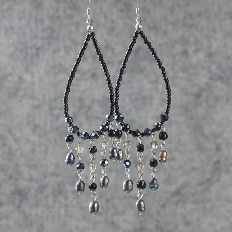 Black Bead Pearl Crystal  Multi-color Dangle Earrings