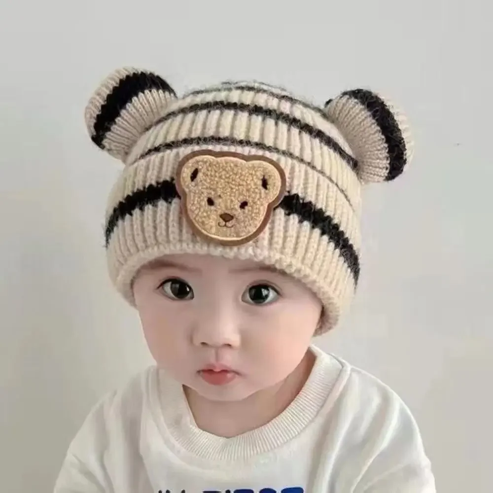 Japanese Cartoon Bear Knitted Hat Wool Thermal Hat Baby Beanie Cap Skullies Solid Color Kids Crochet Hats Toddler