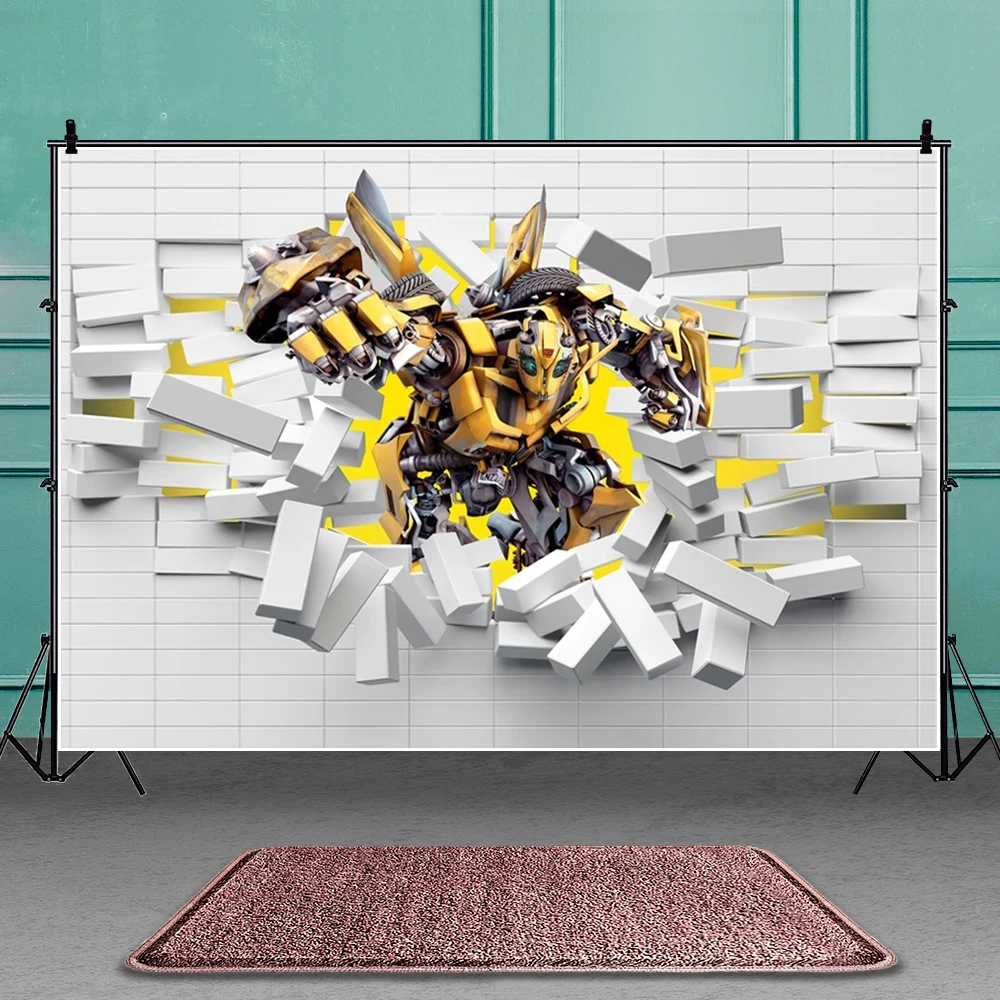 Bumblebee Transformer Backdrop Autobots Birthday Party Decorations for Boys Banner White Brick Wall Background Photography Props