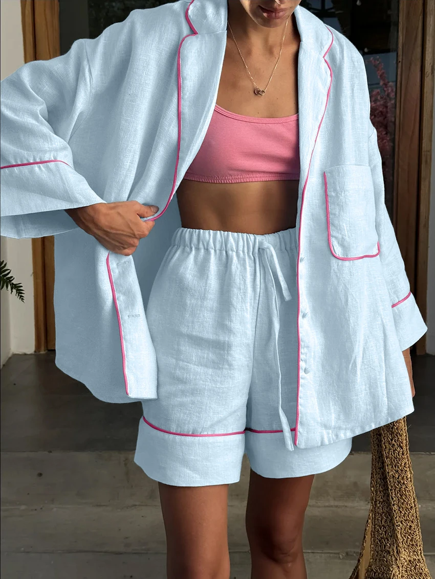 

2026 New Summer 2 Piece Set Women Pajama Long Sleeve Nightgowns Turn-Down Collar Nightwear Shorts Cotton Ladies Sleepwear Suit