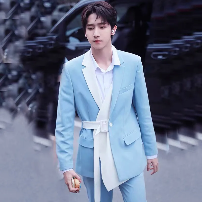 

Fashion Dress Suit Men's Fresh Blue White Slim Belt Suit Coat Pants Outfits Male Singer Dance Stage Show Performance Costume