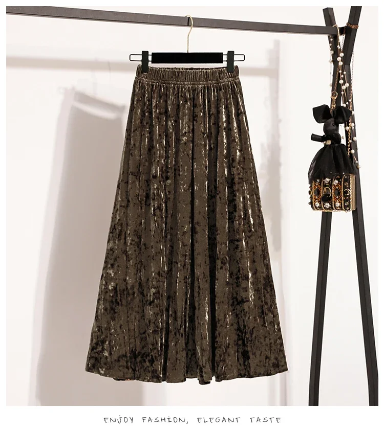 Burgunderroter Plissierter Samt-Midi-Rock für Damen, A-Linie, Herbst/Winter 2026, Vielseitig, Figurbetont, Mittellang, Lässig, Vielseitige Halbrocke – Detail 22