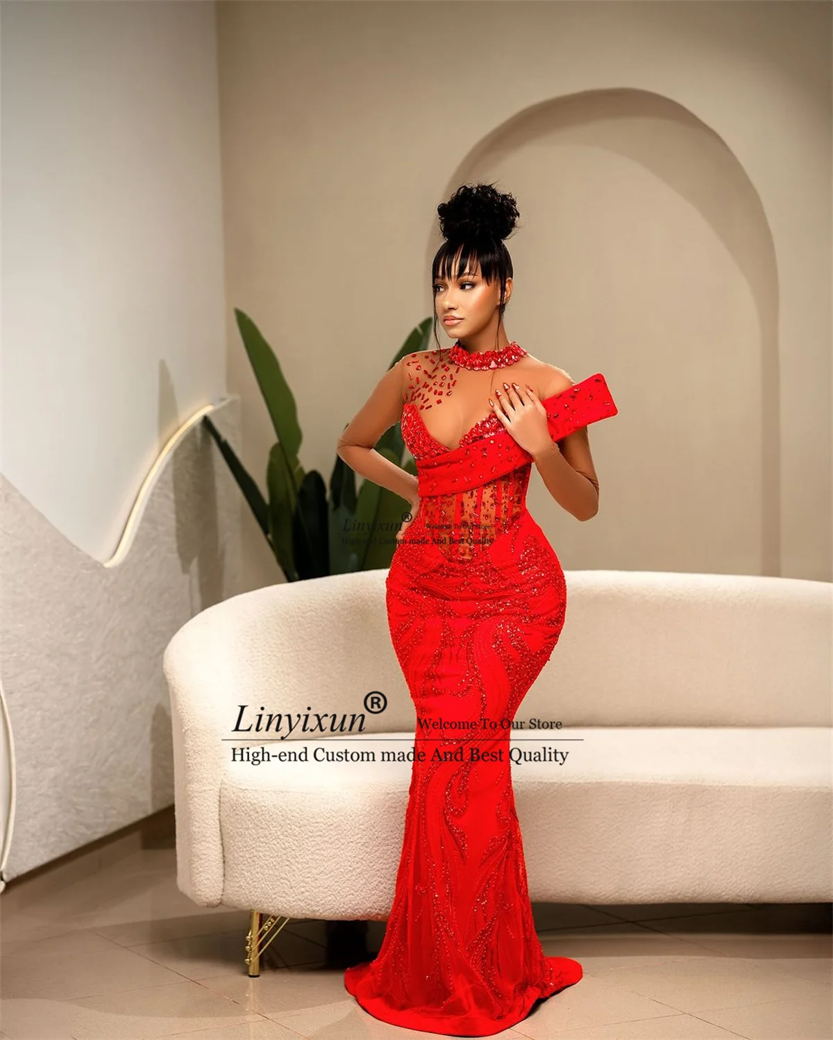 Luxury Beaded African Mermaid Prom Dress Appliques Lace Asoebi Red Formal Evening Gown Black Women Party vestidos de gala