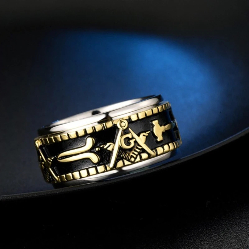 Freimaurerei, geometrische Ringe, drehbar, Titanstahl, großer Herrenring, Modeschmuck – Detail 3