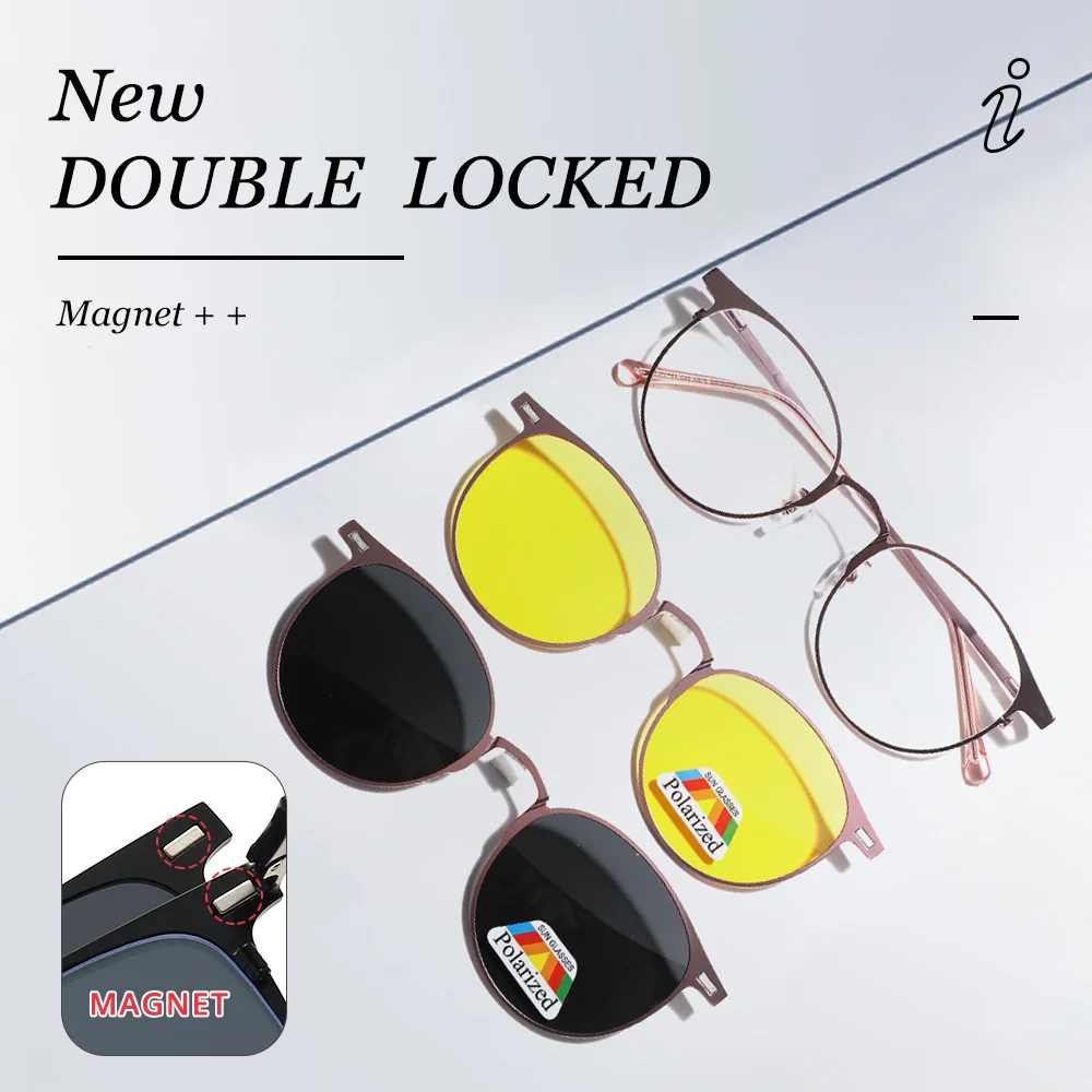 3 In 1 Magnetic Sunglasses Women Black Night Vision Yellow Polarized Round Clip On Glasses Myopia Optical Spectacle Frame 2024