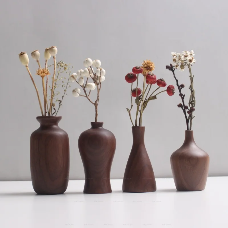 

Walnut Wooden Vase Rural Japanese Style Living Room Dried Flowers Vase Ins Home Office Desk Decor Art Flower Bottle Ornaments