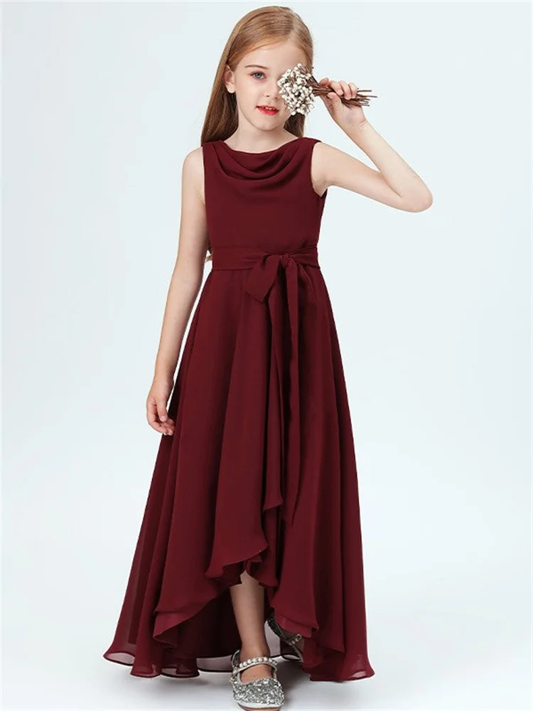 2024 Hot Selling A-Length Floor-Length Gemstone Neck Chiffon Teen Bridesmaid Dress with Pleats for Children Wedding Guests