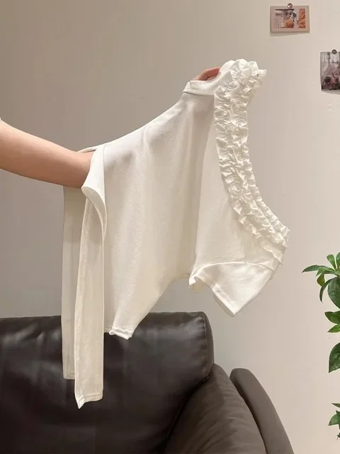 الكورية تي شيرت المرأة ضمادة قصيرة الأكمام الكشكشة انحراف طوق تونك تيز الصيف Camisetas قبالة الكتف غير النظامية مثير تي شيرت #5