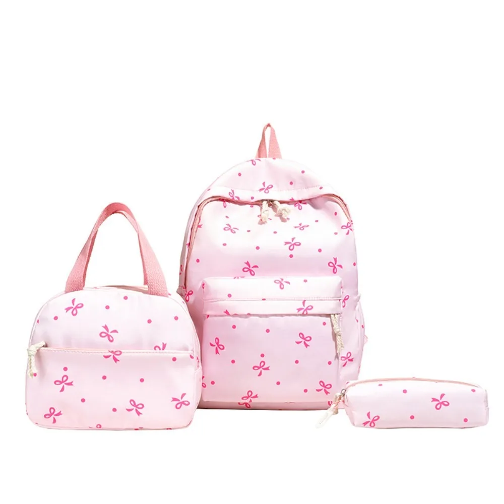 مجموعة حقيبة ظهر مكونة من 3 قطع على شكل فيونكة منقطة ذات سعة كبيرة وأشرطة قابلة للتعديل حقيبة ظهر مدرسية مع حقيبة غداء مقلمة متعددة الجيوب