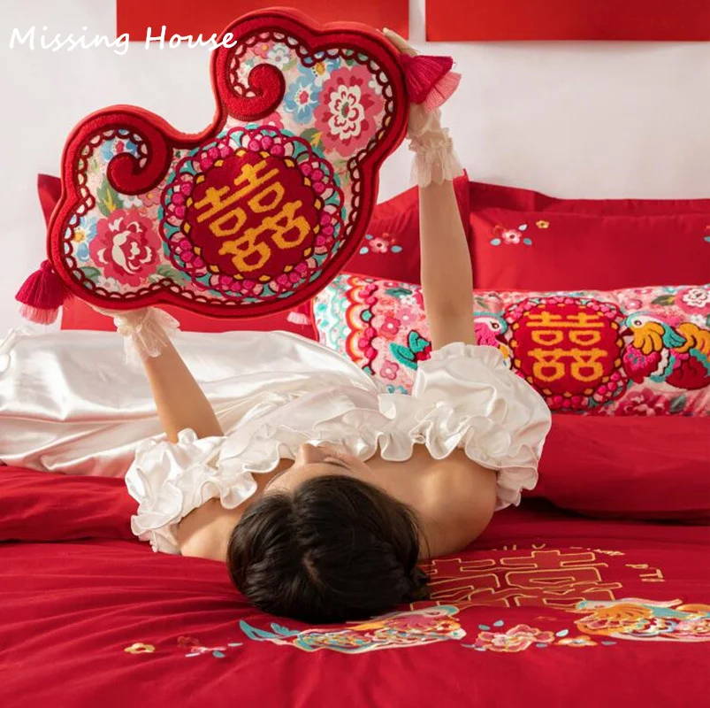 Chinese Red Lovebirds Concentric Lock Wedding Embroideried Pillow Cushion Back PillowCase Party Home Sofa Bedroom Gift