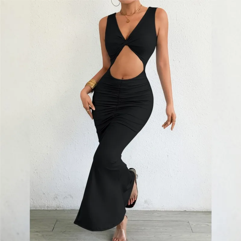 

Long Dress For Women Sexy Hollow Out Elegant Sleeveless High Waist Bodycon Dress Soild Color V-neck Vestidos De Fiesta Elegantes