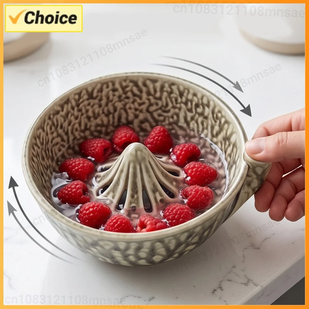 Ceramic Self Spinning Berry Washing Bowl with Drainage Fruit Washer Spinner 360 Degree Rotating for Kitchen Vegetables