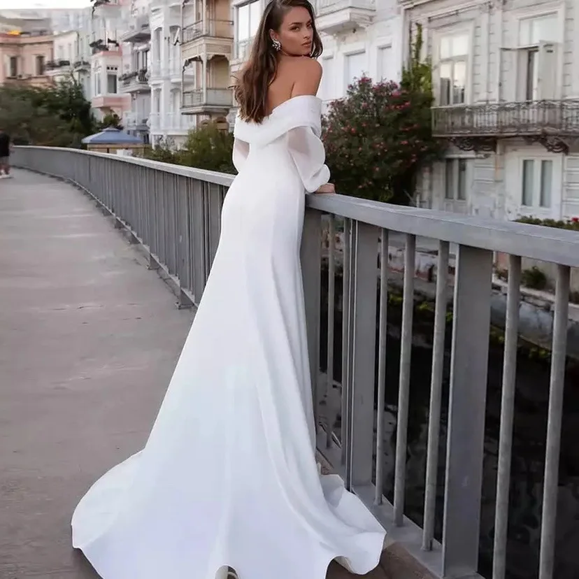 Vestidos de casamento femininos outono novo simples branco de um ombro bem-vindo viagem fotografia cetim luz vestidos de casamento