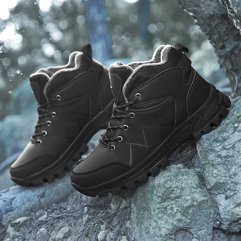 

High Top Men's Climbing Shoes Plush Warm Snow Boots Waterproof Winter Boots Anti-slip Lace Up Mountain Shoes Man Work Boots