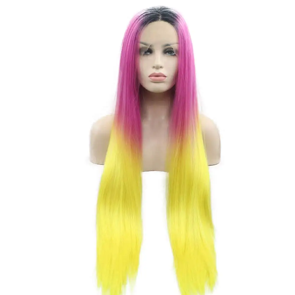 

Sylvia Synthetic Pink Lace Front Ombre Yellow Wigs With Dark Roots Heat Resistant Fiber Long Silky Straight Wigs