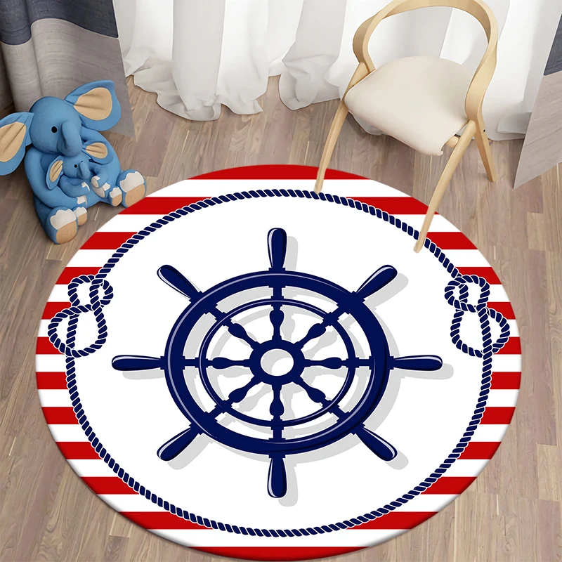 Nautical Round Rug Living Room Bedroom Kids  Soft Kitchen Area  Anti-Slip Flannel  Floor Mats