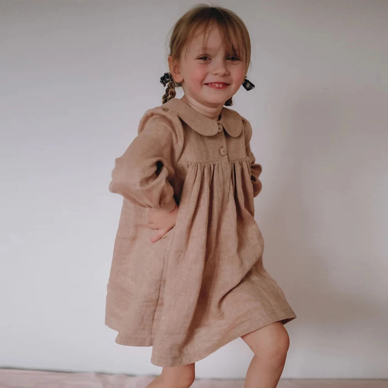 Vintage Girls Peter Pan Collar Long-Sleeved Dress Autumn New Children\'s Classic Loose England Style Princess Dresses TZ337
