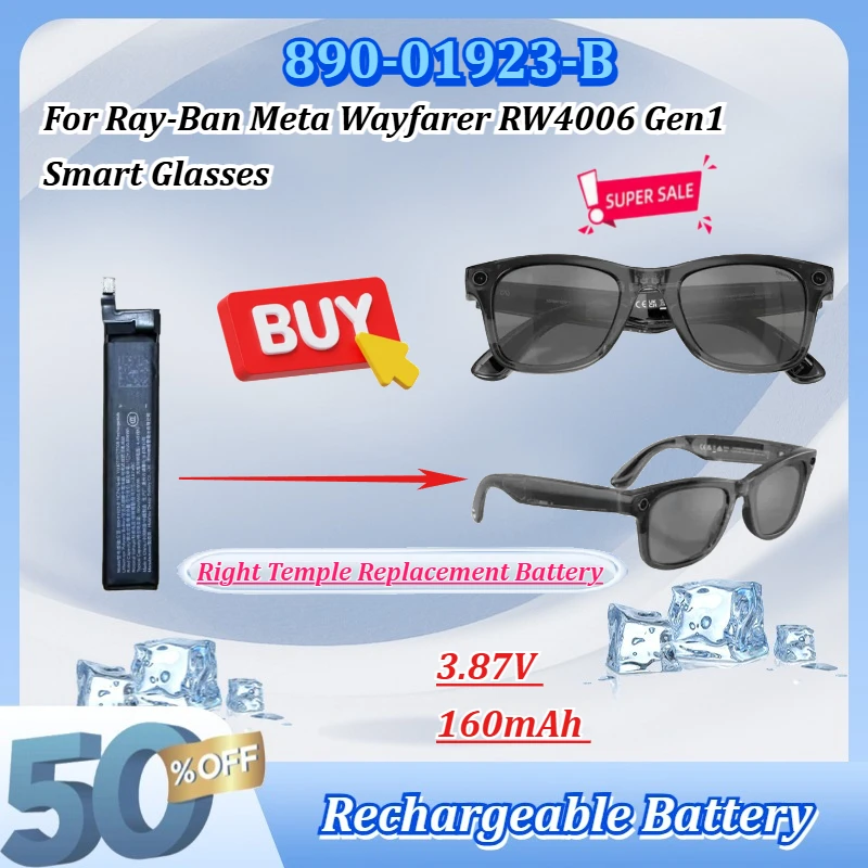 For Ray-Ban Meta Wayfarer RW4006 Gen1 Smart Glasses 890-01923-B 3.87V 160mAh Right Temple Rechargeable Li-po Replacement Battery