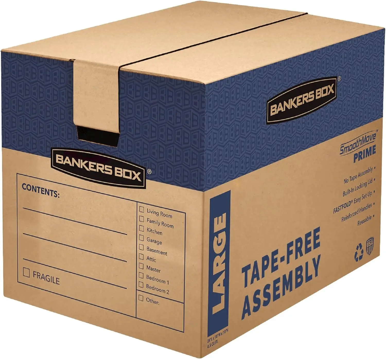 Box Large Prime Moving Box 6 Pack, Reinforced Handles, Tape-Free Assembly, Attached Lid, 18-in x 18-in x 24-in (0062904)