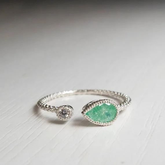 S925 Sterling Silver Open Ring Green Zircon Water Drop Pear Shape 18K Gold Plated Fine Jewelry