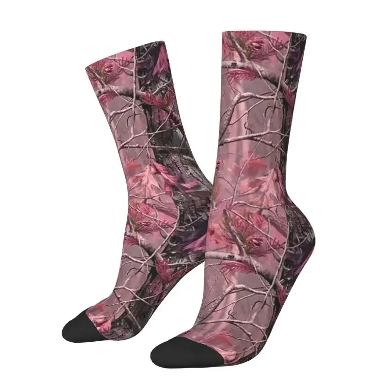 Pink Hunting Camo Camouflage Pattern Mens Crew Socks Unisex Novelty 3D Print Leaves Woods Season Dress Socks